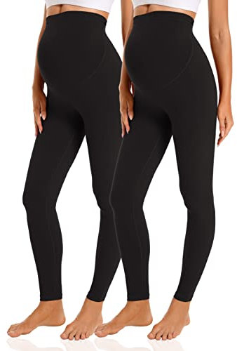 Gowjog 2 Pack Damen Umstandsleggings High Waist Schwangerschaftsleggings Blickdichte Umstandsleggings Stretch Lang Umstandsmode Leggings für Schwangere (Schwarz/Schwarz,XL)