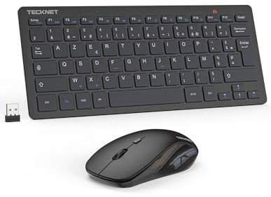 TECKNET Clavier et Souris sans Fil, 2,4 G Silencieux avec Récepteur Nano USB, France AZERTY, 12 Raccourcis Multimédia pour Ordinateur, PC, Ordinateur Portable, Ordinateur de Bureau