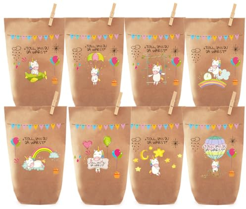 Paul´s Papierfabrik 8x wunderschöne Einhorn Geschenktüten/Papiertüten, Tüten bedruckt, für Geschenke, Gastgeschenke, Mitgebsel, Giveaways, Kindergeburtstag, Hochzeit