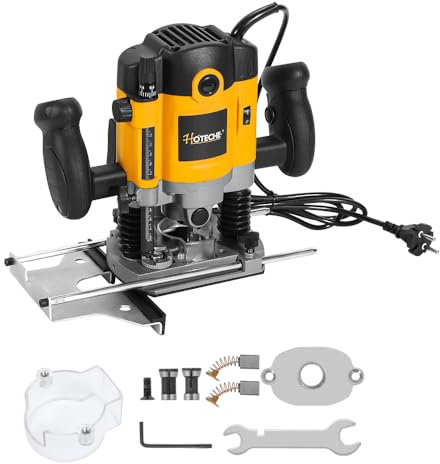 Hoteche 1200W Oberfräse Holzfräse Kantenfräse 6mm Spannfutter 30MM Arbeits Tiefe Alu Bodenplatte VDE Stecker Gelb&Schwarz