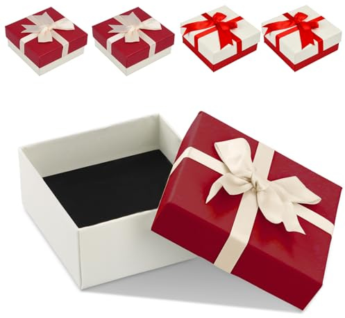 4 Stück Schmuckschatulle aus Karton, 9*9*4cm Kleine Geschenkschachteln für Schmuck, Schmuckkästchen mit Grauem Band, Schmuckbox für Ring/Ohrringe, Reis weiße Geschenkboxen, Schmuck Verpackung Box (B)