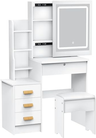 Washranp Dressing Table, Vanity Desk with Sliding Mirror and Lights, Small Vanity Table Makeup Table with Drawers & Shelves, Hidden Storage Space & Stool for Bedroom White