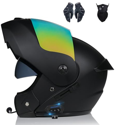 Bluetooth Modularer Integralhelm Klapphelm Kostenlose Handschuhe und Maske mit abnehmbarem Futter ECE-geprüft für Erwachsene
