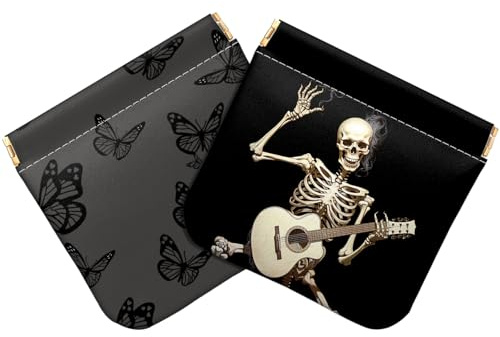 Deokke 2 PCS Coin Purse Pouch Squeeze Soft Leather PU Mini Wallet Small Change Holder Cute Aesthetic for Women Girls Men (T14-Butterfly Skeleton)