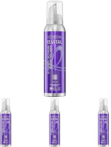 L'Oréal Paris Elvital Styliste Schaumfestiger, XXL-Volumen und Anti-Platt-Effekt, Ultra-starker Halt, Ohne Parabene, Schaumfestiger Volume-Collagen, 150ml (Packung mit 4)