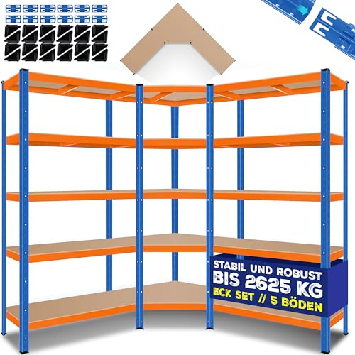 KESSER MASKO® - Set di 3 scaffali in metallo, 1 scaffalatura angolare e 2 scaffali, 15 ripiani, in MDF, 2625 kg, scaffale per officina, cantina, garage, scaffalatura per carichi pesanti (arancione)