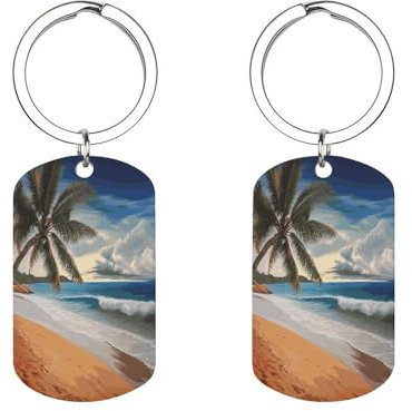YTLKGFP Personalized Metal Keychain Metal Key Rings Coconut Palm Tree Sandy Beach Printed Keychain for Keys Backpack Pulls And More, Coconut Palm Tree Sandy Beach, 2 * 1.1 inches