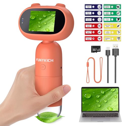 FUNYKICH Microscope for Kids with 32GB Memory Card & 12 Microslide, 2 Inch IPS Screen 1000X Handheld HD Digital Microscopes, PC Compatible, Science Edu Fun Birthday Gifts Toys for Children Students