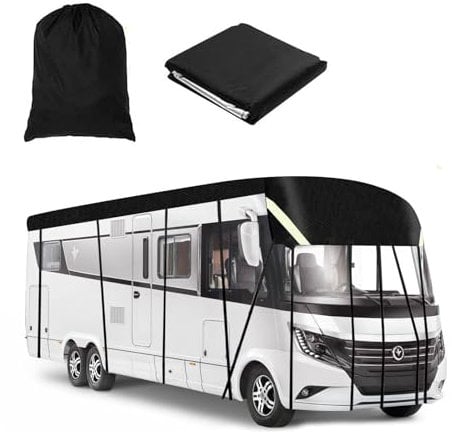 7,5 x 3m Wohnwagen Abdeckung mit Reflektorstreifen, 210D Oxford wasserdichte Wohnmobilabdeckung mit Aufbewahrungstasche, Wohnwagen UV Schützende Dachabdeckung für Camper