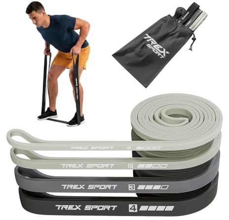 TREX SPORT Widerstandsbänder 4er Set Latex Fitnessbänder 2-41 kg & Türanker | Gymnastikband, Resistance Band Grau, robust, Grau / Neon