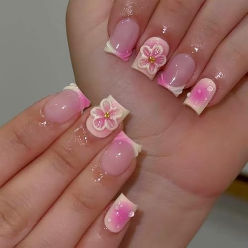 Nymora 24pcs Blush Gradient French Tip Embossed Floral Press on Nails, Short Square Fake Nails with 3D Design, Full Cover Stick on Nail with Jelly Glue