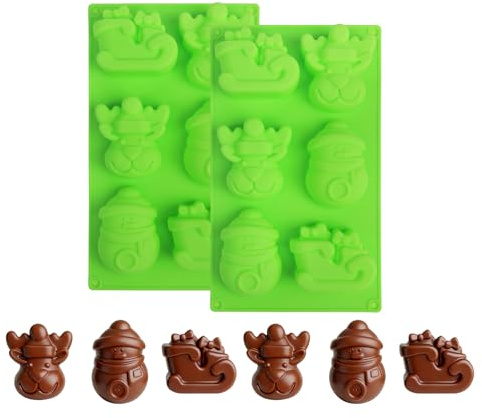 2 Packs Christmas Chocolate Moulds, Elk Sleigh Snowman Shape Christmas Silicone Moulds, for DIY Baking, Cake Decorations, Jelly Mould, Chocolate Candy Pan, Wax Melt Mould, Christmas Ice Cube Tray