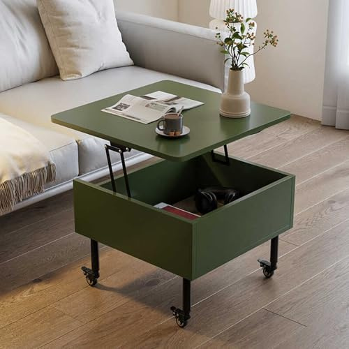 Erhöhter Couchtisch aus Holz mit Rollen und verstecktem Fach, mobiler Hilfstisch für kleine Wohnräume, moderne grüne Wohnzimmermöbel