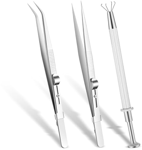 3 Stück Piercing Kugel Aufdreher Edelstahl Piercing Ball Greifer Pinzetten Set 4 Zinken Perlenhalte Diamant Locking Pins Piercing Zange für Kugeln Stein Perlen Uhren Brillen, Silber