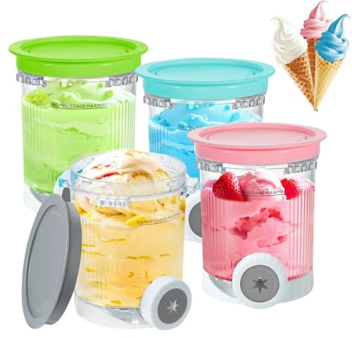 UEXEDO Lot de 4 Récipients pour Ninja Creami NC700 / NC701, Pots à Glace Transparents avec 4 Couvercles Colorés - Compatibles, Lavables au Lave-Vaisselle et Sans BPA