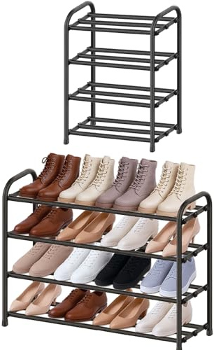 MIKVOYO Platzsparend Schuhregal Metall Schwarz, 4 Ebenen | Ausziehbar 45-80cm Breit Schuhorganizer, 5 Minuten Schnelle Montage, Ideal Für Camping, Flur, Outdoor Draußen