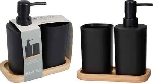 Envenzo Bathroom Set of Soap Dispenser, Tray & Tooth-Brush Holder, Black With Bamboo Tray