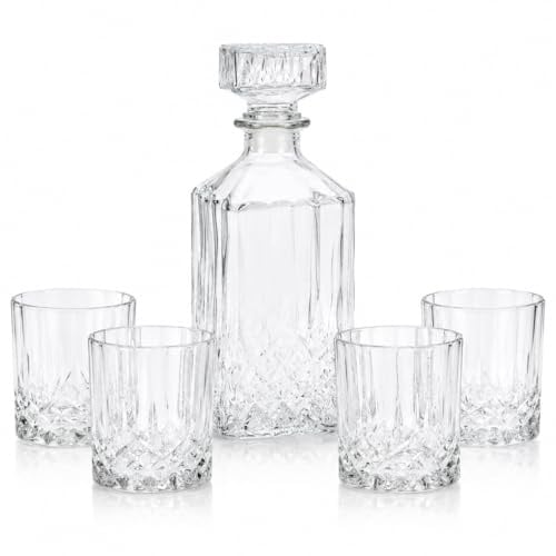 Decanter Whisky 5 Pezzi – Caraffa in Vetro Tagliato 900ml con Tappo + 4 Bicchieri Old Fashioned 230ml – Design Effetto Cristallo – Ideale per Whisky, Bourbon, Scotch e Rum