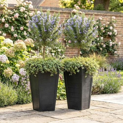 Nicoman 47.3L Tall Square Planter, 57cm Height, Black, Weather Resistant, Indoor and Outdoor Use, 37x37x57cm, Elegant Potted Plant for Patio, Garden, Balcony & Entrance (Plank, Pack of 2)