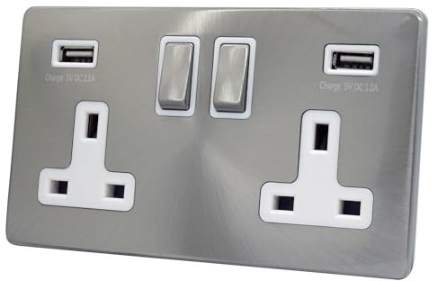 Discount Electrix USB 2 Gang Plug Socket Satin Chrome Screwless Flat Plate Design with White Insert