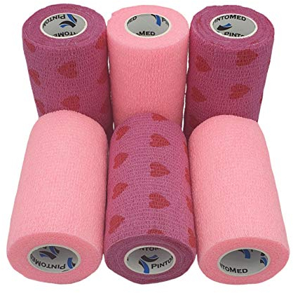 PintoMed Selbstklebender Verband, Gedehnt -3 x Rosa + 3 x Rosa mit Roten Herzen Rollen -10cm x 4,5m - Bandagen Haftbandage Fixierbinde Health Pflaster sport tape; Stück Handgelenk Bein Arm vet wrap