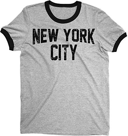 New York City Ringer Tee T-Shirt Retro Style Herren Shirt, Grau-Used-Look, Klein