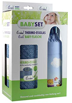 Emil Baby-Set – Thermo-Essglas mit Schraubverschluss, Thermobecher & Löffel – Babyflasche aus Glas, BPA-frei & schadstofffrei inkl. Latexsauger (0-6 Monate) & Anti-Kolik-Ventil - Lesefreunde