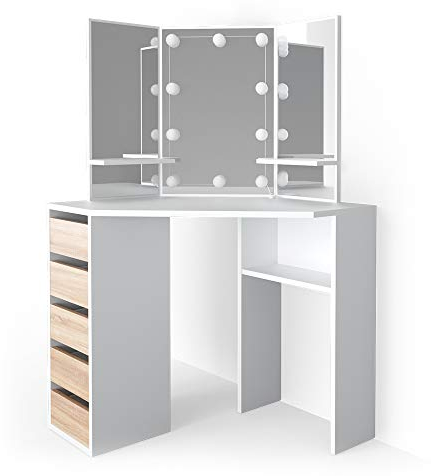 Vicco Frisiertisch für die Ecke Arielle, Weiß/Sonoma/Sonoma, 110 cm mit LED Beleuchtung