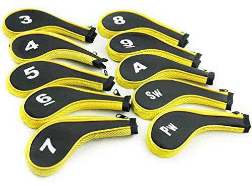TOHMLAPE 10pcs Number printing Long Neck Golf Club Iron Covers Head Covers Set with Zipper for Irons Callaway Ping, Black/Yellow
