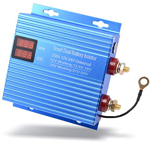 250 AMP Battery Isolator Universal 12V-24V VSR Voltage Sensitive Relay Intelligent Dual Battery Isolator Kit for Car, Truck, RV, Emergency Battery Starter Switch Heavy Duty Charge Power Relay