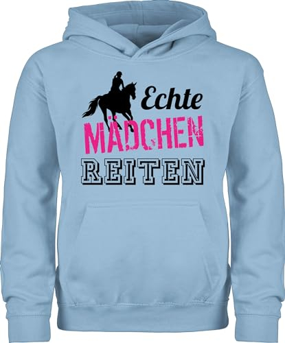 Kinder Hoodie Jungen - Statement Sprüche - Echte Mädchen reiten Fuchsia - 128 (7/8 Jahre) - Hellblau - mit aufschrift kinderpullover spruechen hoddies/pullies spruch reitpullover spruche hoddies