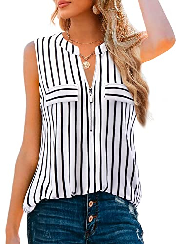 Amrto Damen Tops, Casual V-Ausschnitt Ärmellose Bluse Oberteil mit Reißverschluss, Loose Gestreift Tank Tops Longbluse mit Schwarze Streifen, Weiß L