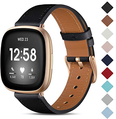 CeMiKa Leder Armband Kompatibel mit Fitbit Sense/Versa 3, Original Lederband Ersatzband mit Edelstahl-Verschluss, Schwarz/Roségold