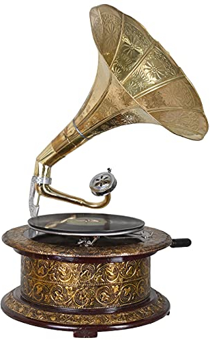 Trichtergrammophon „Villa Gatsby“ – Nostalgisches Grammophon im Stil der 20er aus Holz & Messing, voll funktionsfähig, spielt Schellackplatten mit Handkurbel, inkl. Platte & Nadeln