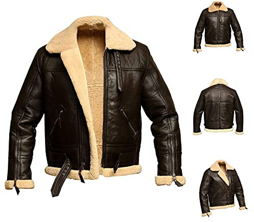 Men's RAF Aviator Bomber Jacket B3 Real Shearling Sheepskin Fur Leather Jacket Leather Winter Jacket (Large)