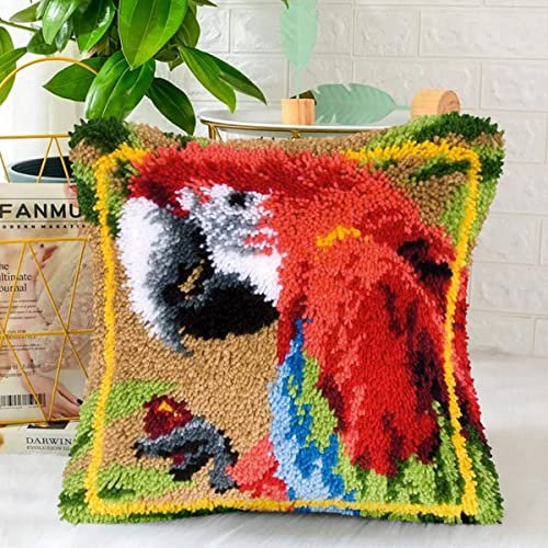 Myriad Choices DIY Latch Hook Kits Pillow Case Embroidery Carpet Set Needlework Pillow Cover Sofa Cushion Cover Craft Kits 17x17 inch (Red Parrot)