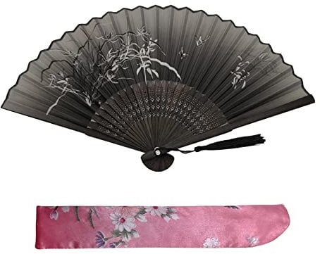 Kibon Folding Fans, Handheld Fans, Hand Fans, Bamboo Fans with Tassel for Birthday Gifts Dancing Cosplay Wedding Party Props Decoration (Black)