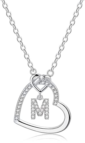 LIHELEI Damen Halskette Herz Buchstabe 925 Silber Kette Damen Personalisiere Kette, Geburtstags und Weihnachten Geschenk Für Frauen Mädchen Mama Freundin - M
