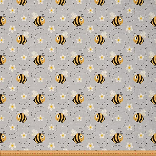 Loussiesd Niedlicher Karikatur Bienen Möbelstoff Frühlingsblumen Tierstoff Meterware Blütenblume botanischer Dekorationsstoff für Polster und Heimwerkerprojekte Outdoor Stoff 92x150cm Gelbgrau