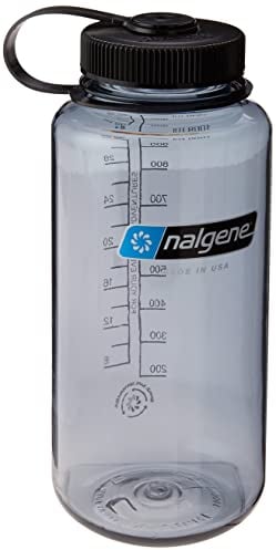 Nalgene Sustain Tritan BPA-Free Water Bottle Made with Material Derived From 50% Plastic Waste, 32 OZ, Wide Mouth, Gray w/Black Lid