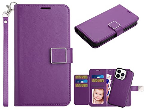 SWP Case for iPhone 14 Pro, Detachable Magnetic Wallet Case w/Credit Card Slots [Support Wireless Charging&Magnetic Car Mount] Folio Case for iPhone 14 Pro (Purple)