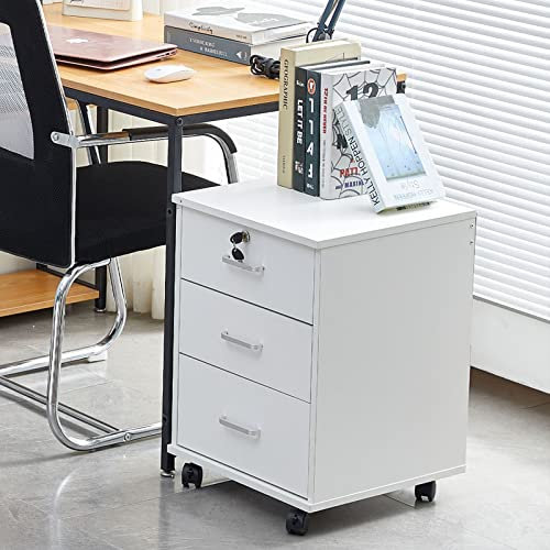 LEMROE Armoire de classement Mobile à 3 tiroirs avec Serrure et Roues de Style Industriel en Bois pour la Maison, Le Bureau (Blanc, 3 tiroirs)