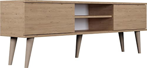 WFL GROUP TV-Schrank - Skandinavisch Fernsehtisch bis 70 Zoll - TV-Lowboard für Wohnzimmer 120 oder 160 cm - mit Holz Füße und 2 Türen - 160 cm - Eiche Artisan