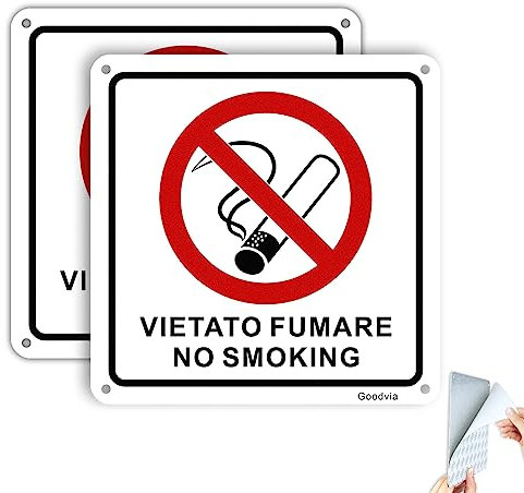 Goodvia Cartello Vietato Fumare Alluminio Autoadesivo con 4 fori 15x15cm 2pz per Installato su, A parete, Finestra, Porta, Recinzione
