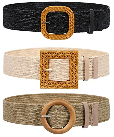JASGOOD Ceintures larges élastiques pour femme - Mode paille tissée élastique élastique ceinture ceinture d'été bohème dames robe de plage ceintures, D-noir + beige + kaki, Fit Waist Size below 45