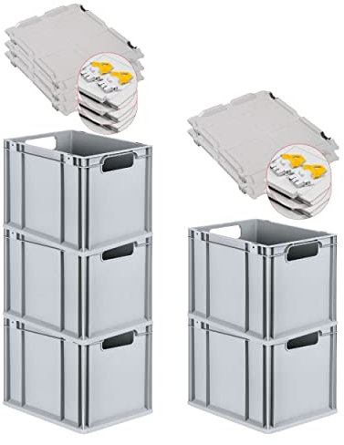PROREGAL SuperSparSet 5x Eurobox NextGen Economy mit Scharnierdeckel & gelben Verschlüssen | Griffe offen | HxBxT 32x30x40cm | 30 Liter | Eurobehälter Transportbox Transportbehälter Stapelbehälter