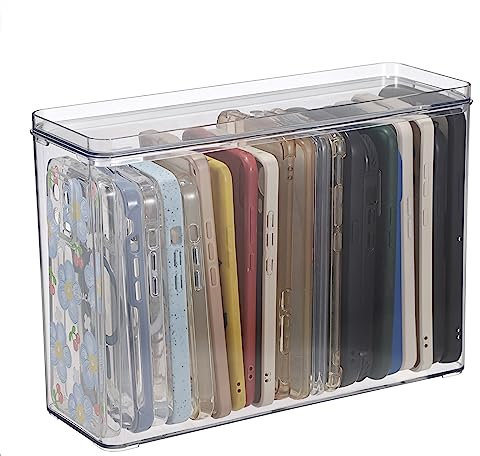 TOLIDA Clear Plastic Phone Cases Storage Box with Lid - Stackable Cell Phone Cases Organizer Holder with Lid, Clear Multi-functinal Storage Box for Home/Office