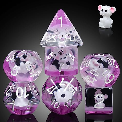 Mouse Resin DND Dice, DNDND 7PCS D&D Die with Velvet Pouch for Dungeons and Dragons Role Playing Games and Tabletop Games(Mouse)