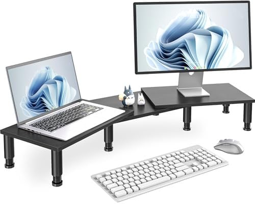 AX Waber Dual Monitor Stand Riser - Adjustable Height Steel Leg Wooden Stand for 2 Monitors with Storage Space - Black