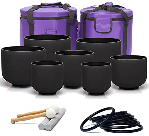 6-12 Inch Chakra Set Of 7 Black Crystal Singing Bowls 432/440 Hz With Heavy Duty Carrying Cases And Singing Bowl Mallet Suede Strikers (Size : 432 Hz 6-12 Inch 7pcs)